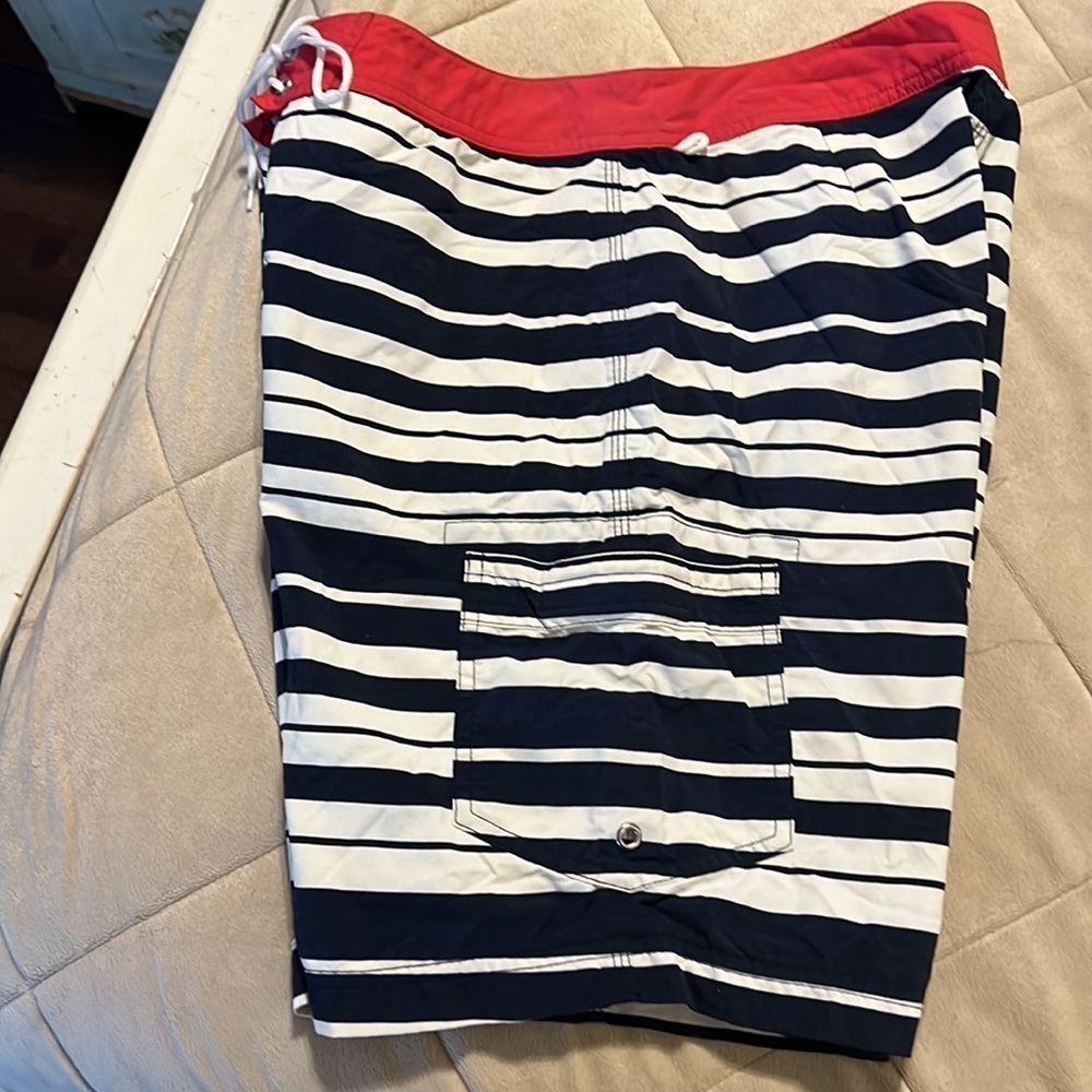 J Crew Men’s Original Swimwear Trunk’s Navy Stripes with Red on Top